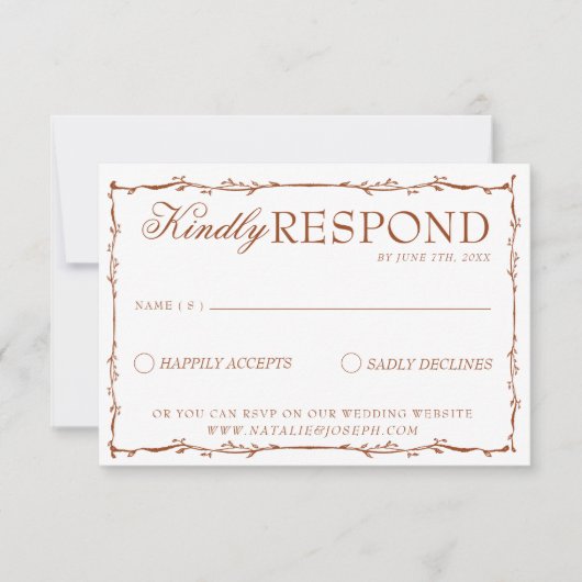 Classy Floral Boho Beige Terracotta Earthy Wedding 出欠カード (正面)