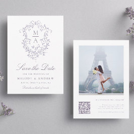 Classy French Lavender Floral Crest Wedding Photo セーブザデート