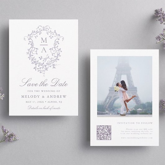 Classy French Lavender Floral Crest Wedding Photo セーブザデート