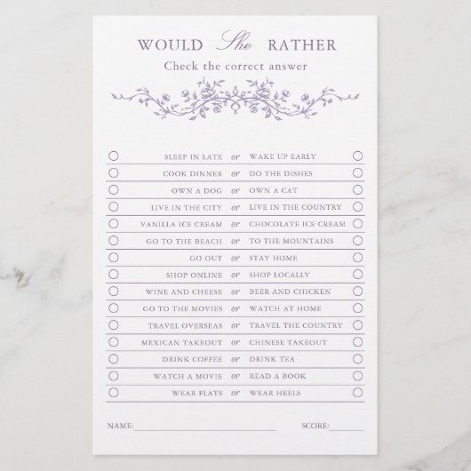 Classy French Lavender 'Would She Rather' Game  (正面)