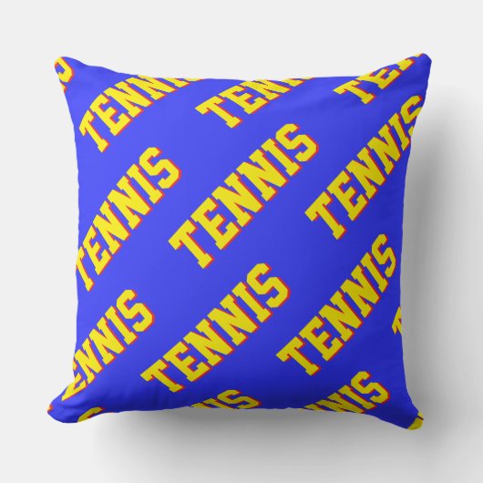 Classy Fun Retro Bright Yellow TENNIS Text On Blue クッション (正面)