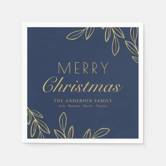 Classy Gold Foliage Navy Calligraphy Festive スタンダードカクテルナプキン (正面)