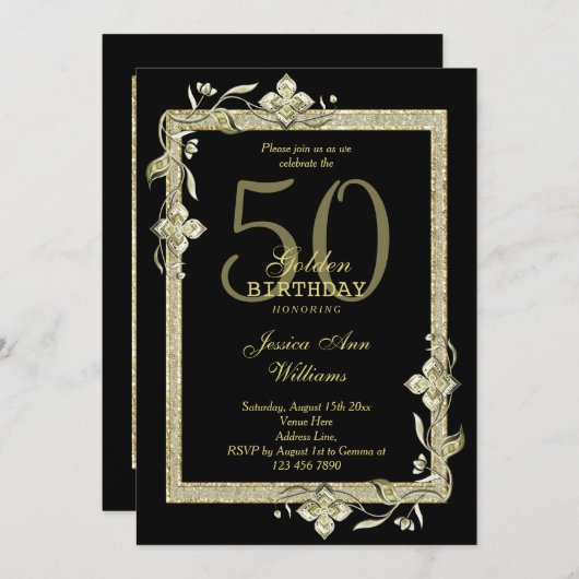 Classy Gold Gem & Glitter 50th Golden Birthday  招待状 (正面/裏面)