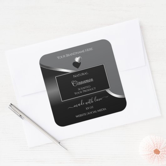Classy Gray Black Wavy Silver Hearts Product Label スクエアシール (封筒)