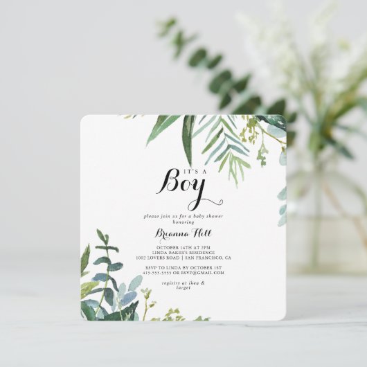 Classy Greenery Tropical男の子の赤ちゃんシャワー 招待状 (スタンド正面)