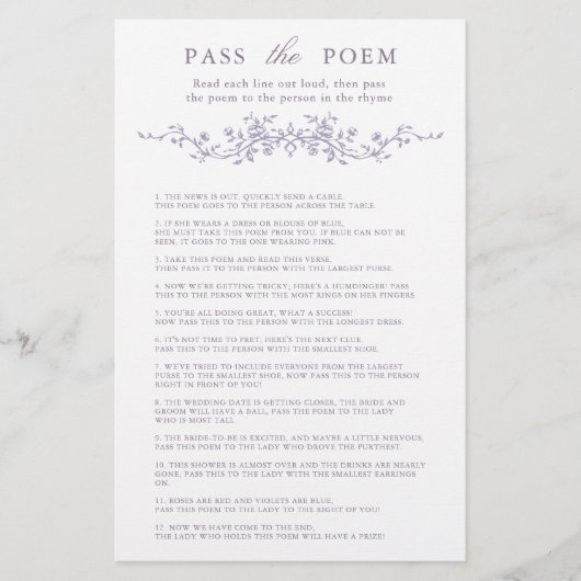Classy Lavender Floral 'Pass the Poem' Game  (正面)