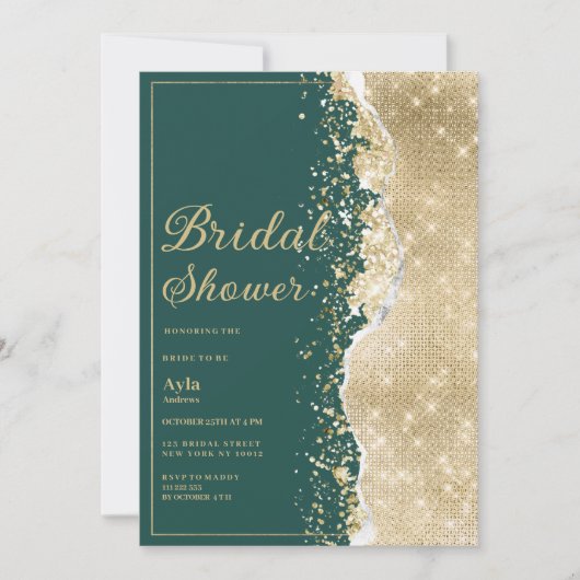 Classy luxury green gold glitter Bridal Shower 招待状 (正面)