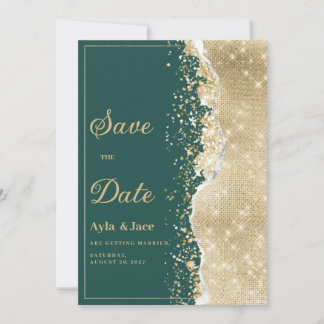 Classy luxury green gold glitter Save the Date  招待状