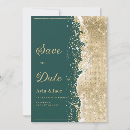 Classy luxury green gold glitter Save the Date  招待状 (正面)
