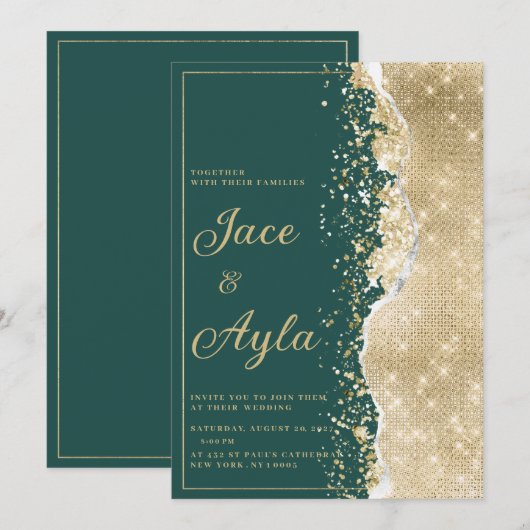 Classy luxury green gold glitter Wedding 招待状 (正面/裏面)
