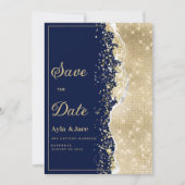 Classy luxury navy blue gold glitter Save the Date 招待状 (正面)