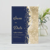 Classy luxury navy blue gold glitter Save the Date 招待状 (スタンド正面)