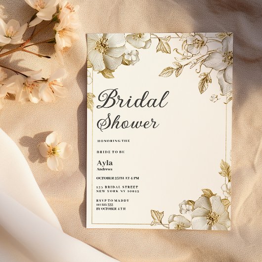 Classy luxury white and gold floral Bridal Shower 招待状