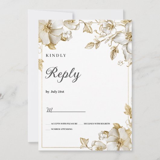 Classy luxury white and gold floral RSVP 招待状 (正面)