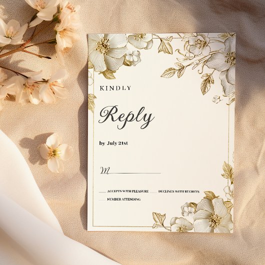 Classy luxury white and gold floral RSVP 招待状