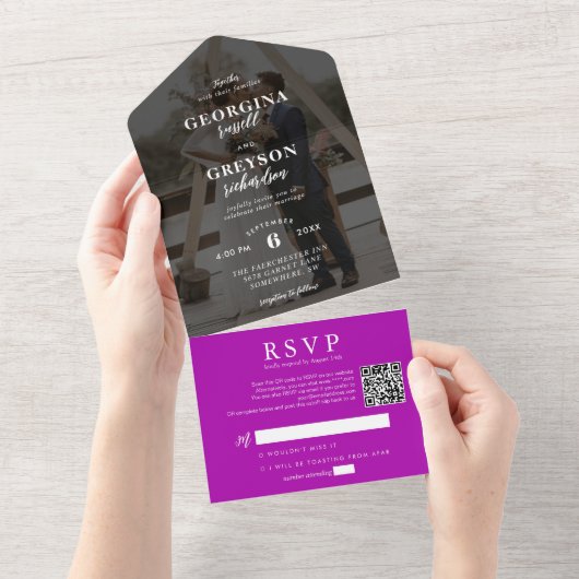 Classy Magenta RSVP Photo QR Code Wedding オールインワン招待状 (貼ってはがせる)