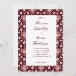 Classy Maximalist Victorian Heart Wine Red Wedding 招待状