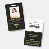 Classy Medical金ゴールドCaduceus on Black Photo ID バッジ (Front & Back)