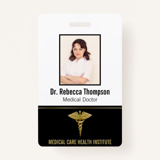 Classy Medical金ゴールドCaduceus on Black Photo ID バッジ (正面)