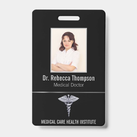 Classy Medical Silver CaduceusのブラックフォトID バッジ (正面)