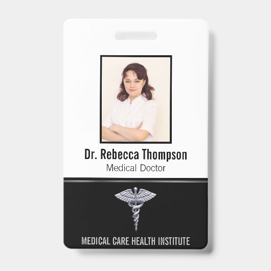 Classy Medical Silver CaduceusのブラックフォトID バッジ (正面)
