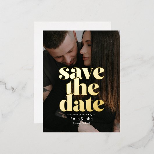 Classy Modern Gold Foil Save the Date Card 箔シーズンポストカード (正面/裏面)