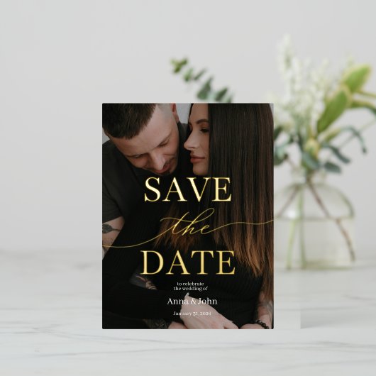 Classy Modern Gold Foil Save the Date Card 箔シーズンポストカード (立ち正面)