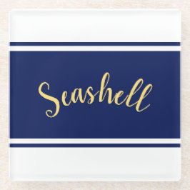 Classy Navy Blueホワイトストライプ「Seashell」スクリプト ガラスコースター