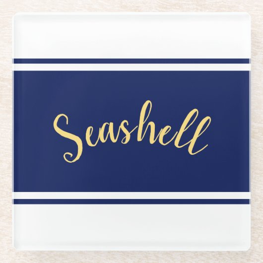Classy Navy Blueホワイトストライプ「Seashell」スクリプト ガラスコースター (正面)
