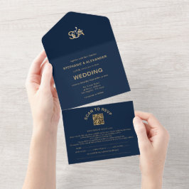 Classy Navy Blue金ゴールドモノグラムQRコード結婚ズ オールインワン招待状