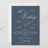 Classy Navy Blue Elegant Calligraphy Wedding 招待状 (正面)