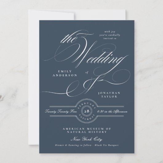 Classy Navy Blue Elegant Calligraphy Wedding 招待状 (正面)