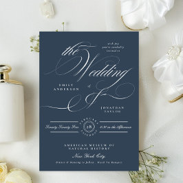 Classy Navy Blue Elegant Calligraphy Wedding 招待状