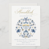 Classy Navy Blue Hanukkah Floral Party シーズンカード (正面/裏面)