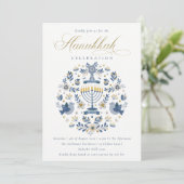 Classy Navy Blue Hanukkah Floral Party シーズンカード (スタンド正面)