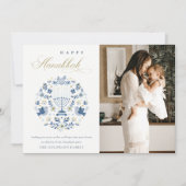 Classy Navy Blue Happy Hanukkah 1写真フローラ シーズンカード (正面)