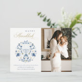 Classy Navy Blue Happy Hanukkah 1写真フローラ シーズンカード (スタンド正面)