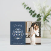 Classy Navy Blue Happy Hanukkah 1写真フローラ シーズンポストカード (スタンド正面)