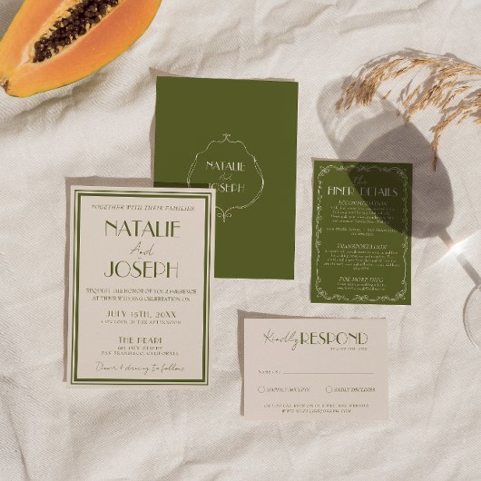 Classy Old Money Olive Green Luxury Retro Wedding 招待状