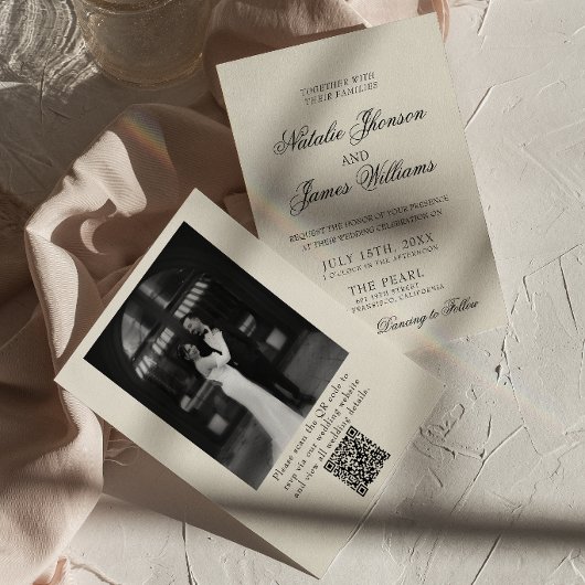 Classy Old Money Retro Photo QR Code Wedding 招待状