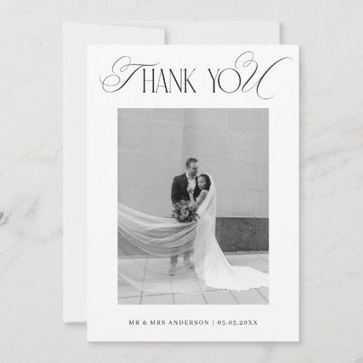 Classy Old Money Script Black White Photo Wedding サンキューカード (正面)