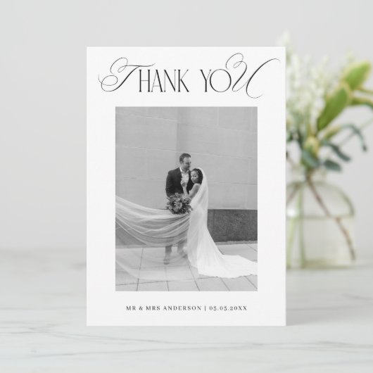 Classy Old Money Script Black White Photo Wedding サンキューカード (スタンド正面)