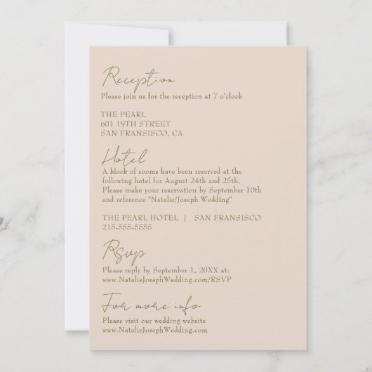 Classy Olive Green Fancy Retro All In One Wedding 招待状 (裏面)