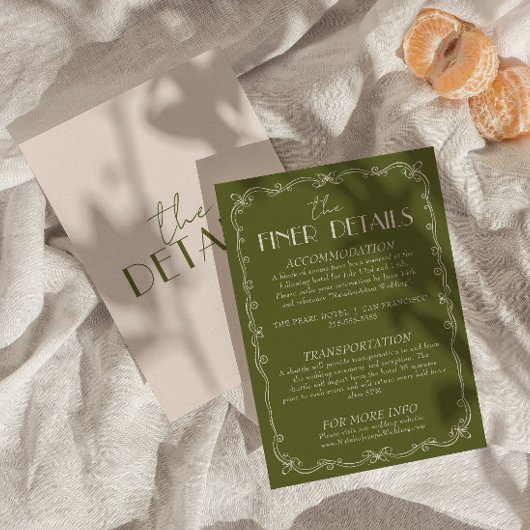 Classy Olive Green Ivory Old Money Wedding Details エンクロージャーカード