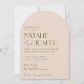 Classy Olive Green Old Money Arched Photo Wedding 招待状 (正面)