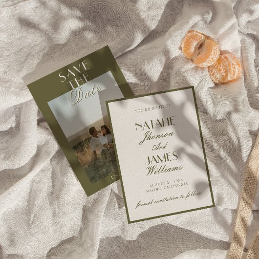 Classy Olive Green Old Money Classic Photo Wedding セーブザデート