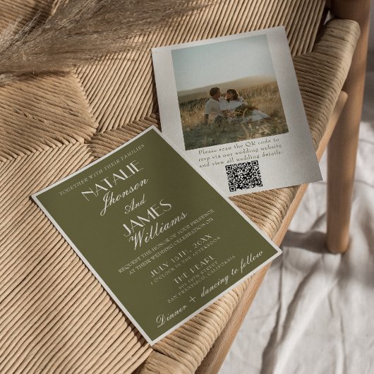 Classy Olive Green Old Money QR Code Photo Wedding 招待状