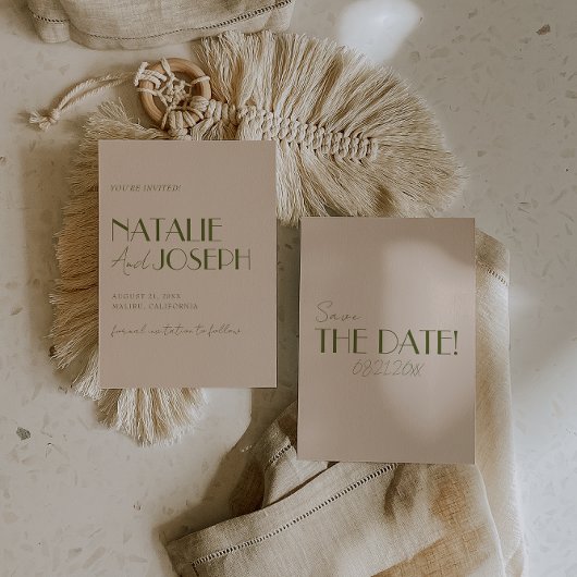 Classy Olive Green Old Money Retro Luxury Wedding セーブザデート