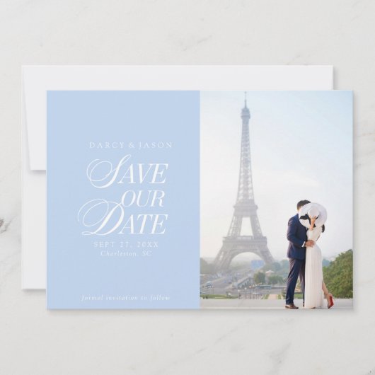 Classy Pastel Blue Elegant Save the Date Card セーブザデート (正面)