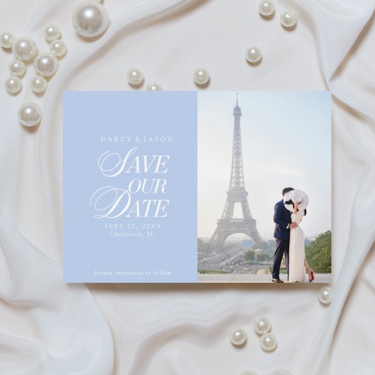 Classy Pastel Blue Elegant Save the Date Card セーブザデート